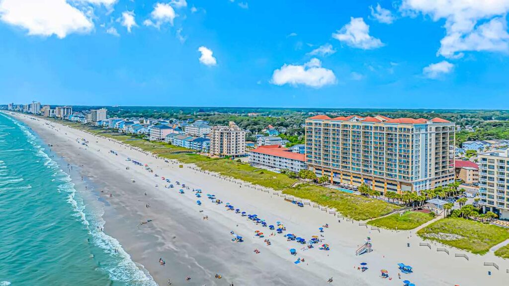 Aerial view of Mar Vista Grande on the oceanfront in North Myrtle Beach, South Carolina